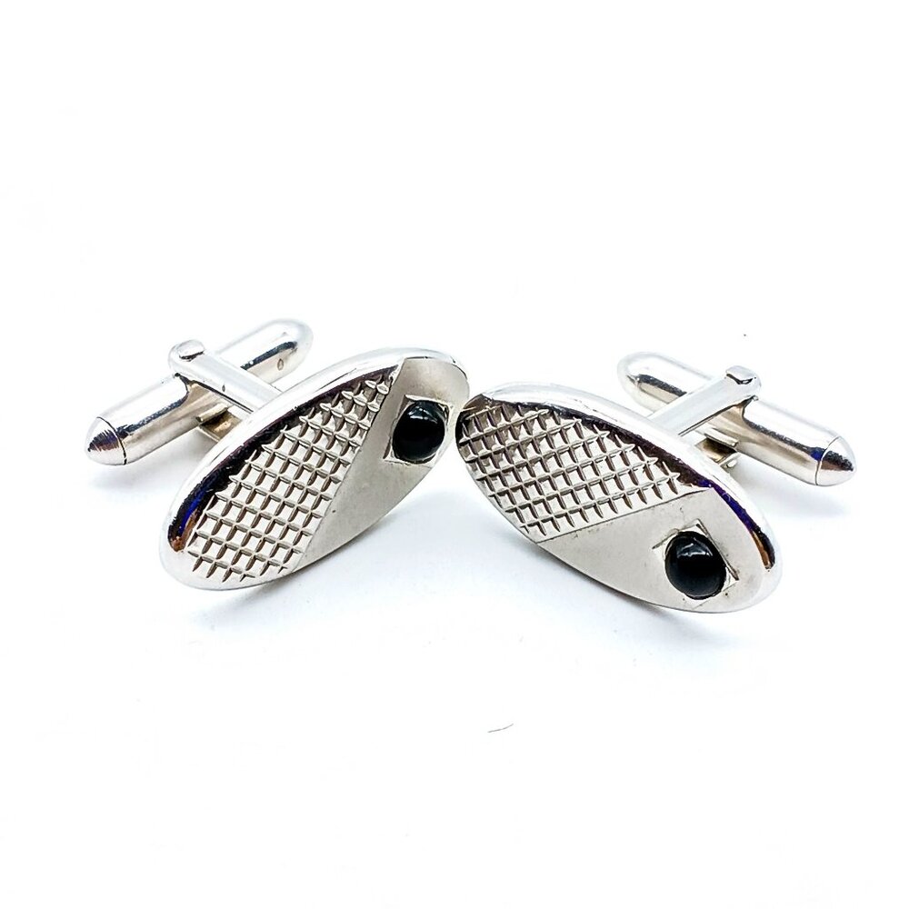 Vintage Black and Silver Tone Cuff Links, Mod Mid Century Oval, Dapper Gift